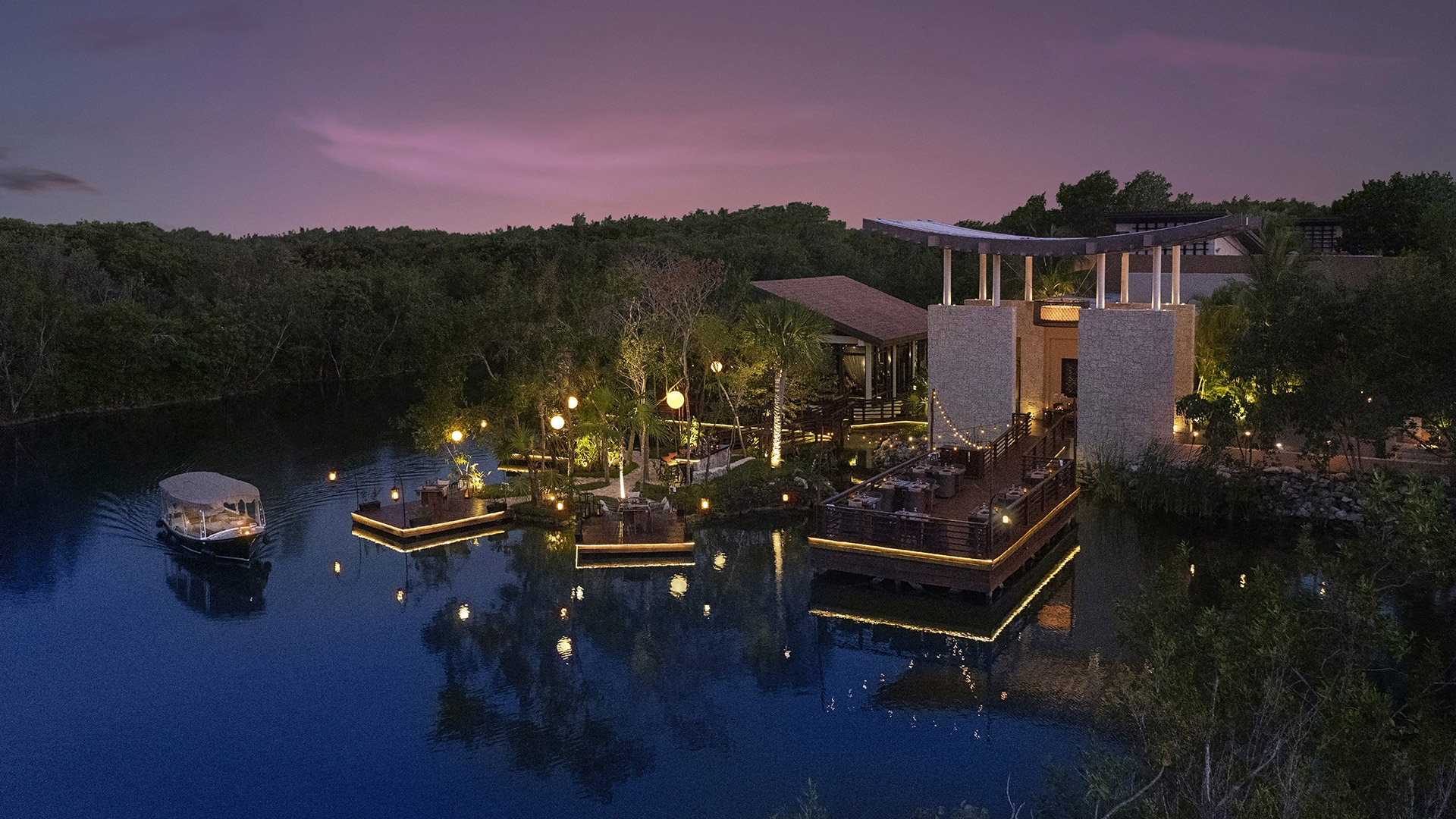 Banyan Tree Mexico Mayakoba Dining - Saffron Dusk Aerial View 