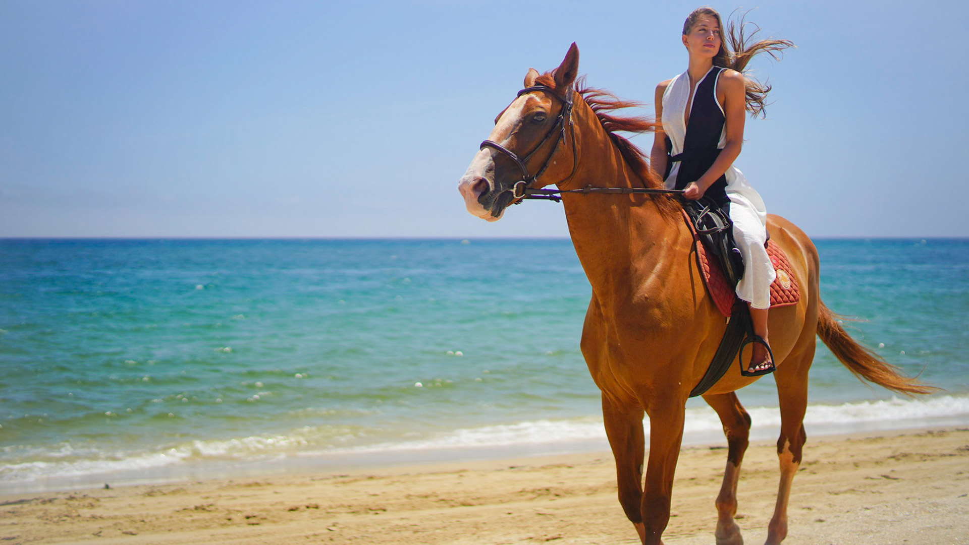 Horse carrying rider by the ocean at Banyan Tree Tamouda Bay beach experience.